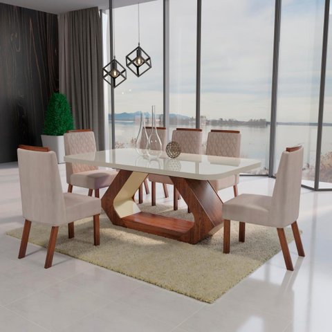 Sala de Jantar 160x80 Mdf/vidro 6 Cadeiras Lottus Bom Pastor