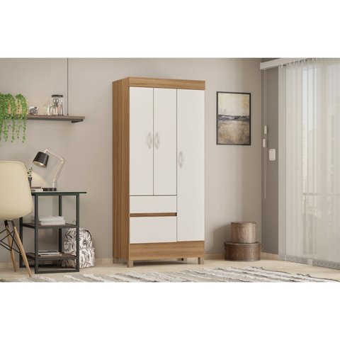 Guarda Roupa Solteiro 3 Portas 2 Gavetas 3 Prateleiras Wind Bege/Amendola Touch/Off White