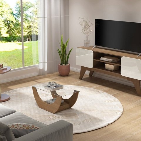 Conjunto 3 Peças Sala Estar Apoio Bel Mesa de Centro Onda e Rack Duetto Marrom Cinamomo/Off White