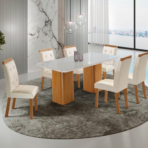 Conjunto Mesa de Jantar 180cm com 6 Cadeiras Estofadas Multimóveis Crrft-CON049 Madeirado/Off White