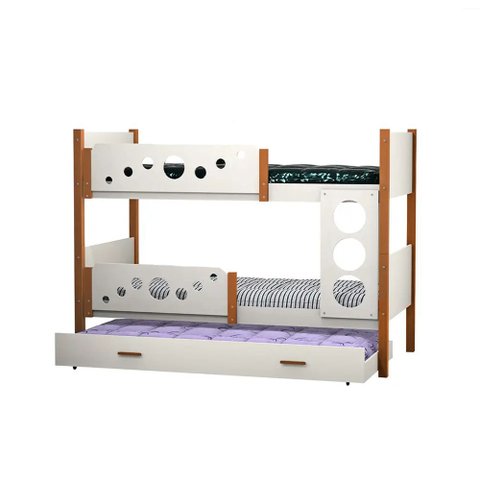 Beliche Infantil Solteiro Star com Cama Auxiliar e 3 Colchões + Lousa Mágica - Branco Mel