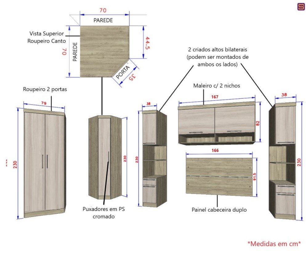 Guarda Roupa Dormitório Modulado Master Casal Queen 1,58 m Canto - Avelã Rústico e Ártico Rústico - - 3