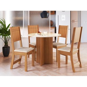 Conjunto Mesa Jantar Redonda 4 Cadeiras Indekes Maya Freijó Off White Linho