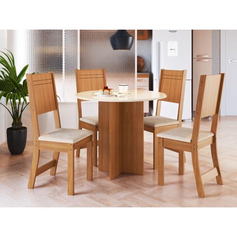 Conjunto Mesa Jantar Redonda 4 Cadeiras Indekes Maya Freijó Off White Linho