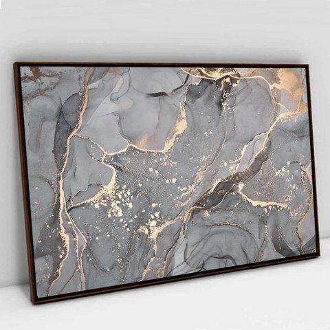 Quadro Decorativo em Canvas Abstrato Mármore Cinza Perolado TaColado Moldura Flutuante 4,5cm Madeira