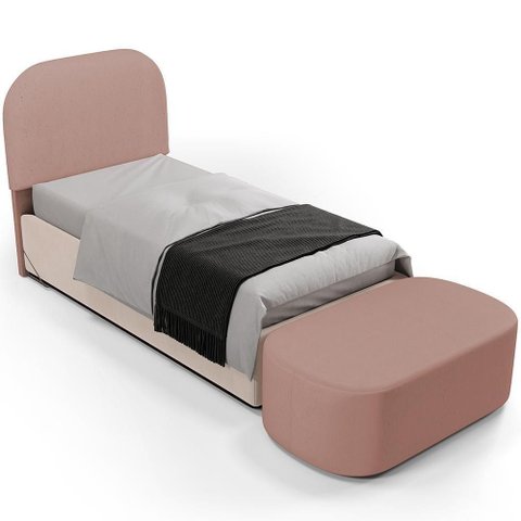 Cabeceira Cama Box 100cm Lanna com Puff Recamier Doha W01 Linho Rosê - Lyam Decor