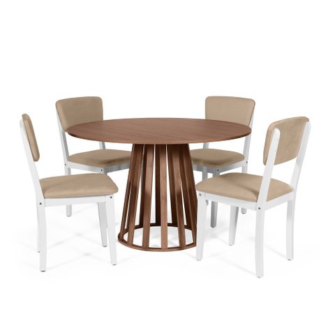 Mesa de Jantar Redonda Gabi Noronha com 4 Cadeiras Estofadas Ella Branco/bege