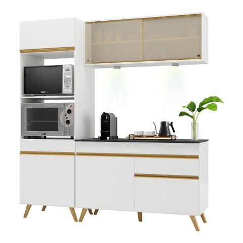 Armário de Cozinha Compacta 182cm com Leds Veneza Up Multimóveis V2020 Branco/Dourado