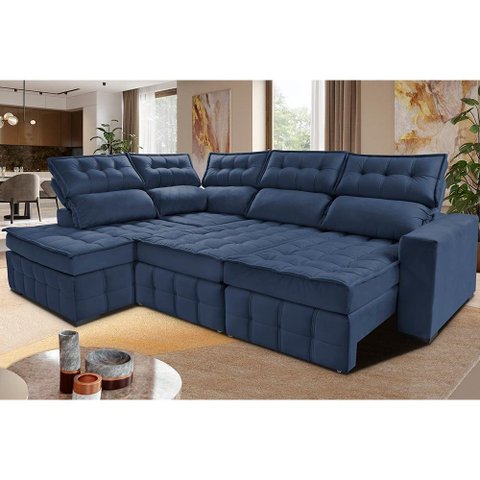 Sofá de Canto Esquerdo 2.65x2.30m Retrátil e Reclinável com Molas Ensacadas Cama inBox Nobre Azul