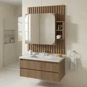 Ver imagem 1 de Conjunto Gabinete para Banheiro Suspenso Ripado com Cuba e Espelheira em MDF 82 cm Toscana Noce Marrom