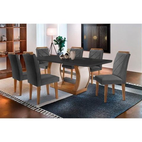 Sala de Jantar Completa Jade Tampo Madeirado C- Vidro Curvo 180x90 e 6 Cadeiras Melissa Imbuia -