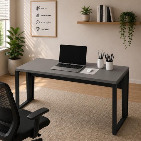 Mesa para Escritório Escrivaninha 1,35m Industrial sem Gavetas MDP 135cm Cinza Sagrado com Preto F5
