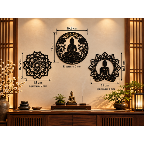 Kit 3 Mandala Decoração Ambiente Parede:Preto