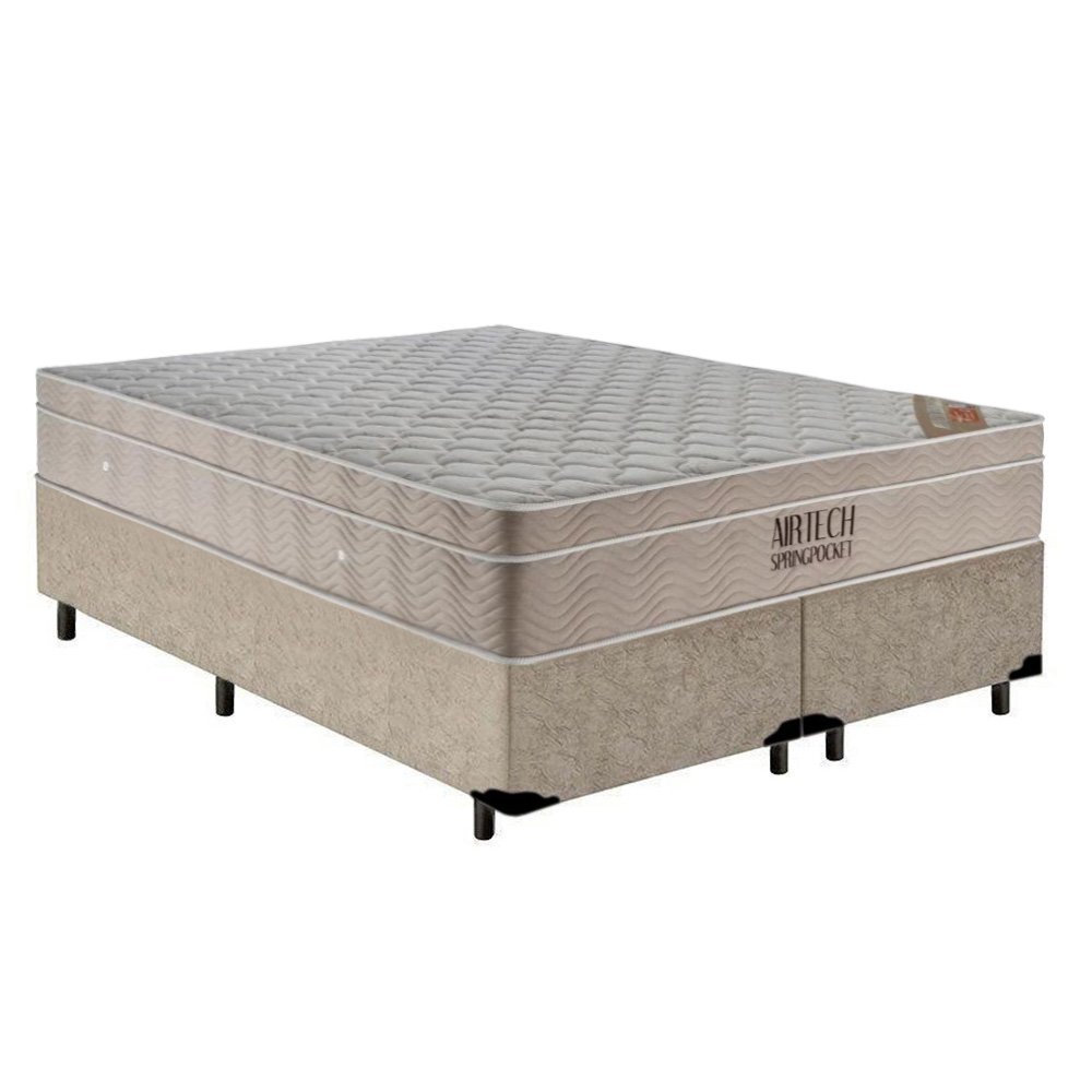 Cama Box Queen Bipartido Suede + Colchão Ortobom Airtech Molas Ensacadas 158x198x65:bege - 1