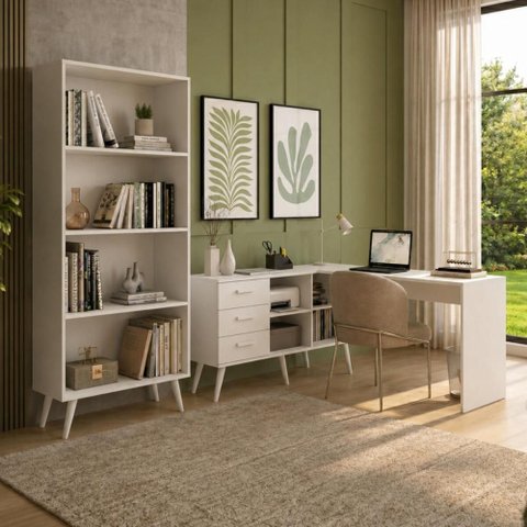 Kit Escrivaninha em L com Estante Multiuso e 3 Gavetas Línea Office Multimóveis MP6081 Branco