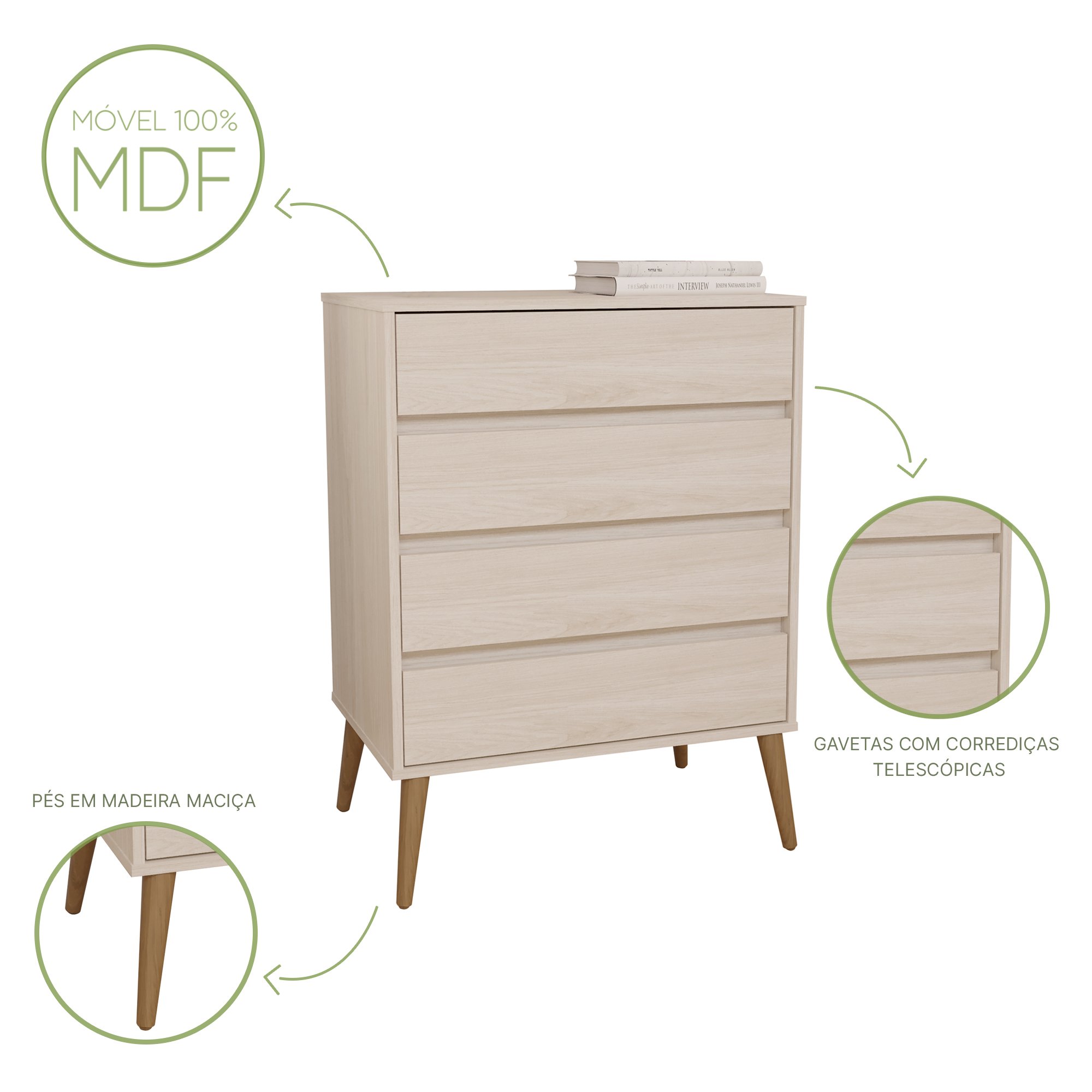 Cômoda 100% Mdf com 4 Gavetas Aspen Fiori - Robel Móveis - 3