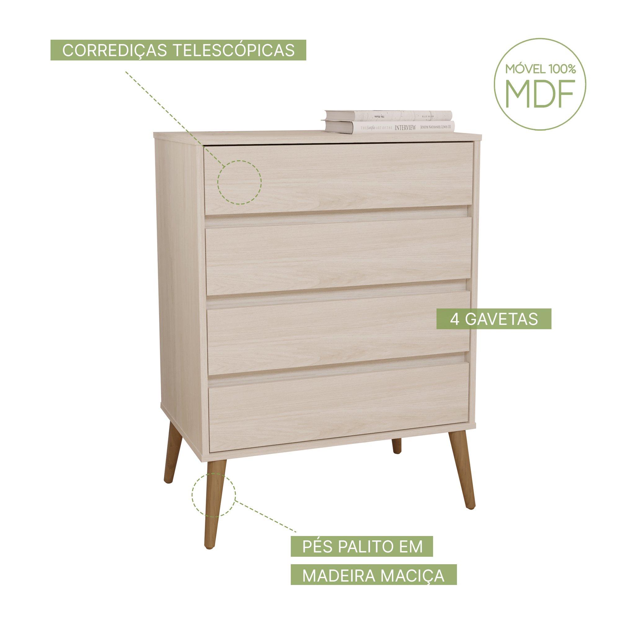 Cômoda 100% Mdf com 4 Gavetas Aspen Fiori - Robel Móveis - 2