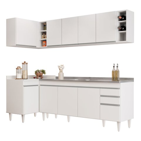 Armário de Cozinha Modulado de Canto Direito 5 Peças Cp45 com Pia Inox Branco - Lumil Lumil Móveis