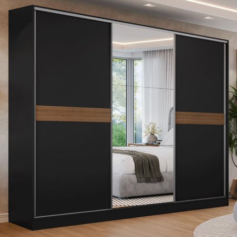 Guarda-Roupa Casal 100% MDF 3 Portas 1 Espelho Preto Malta Madesa