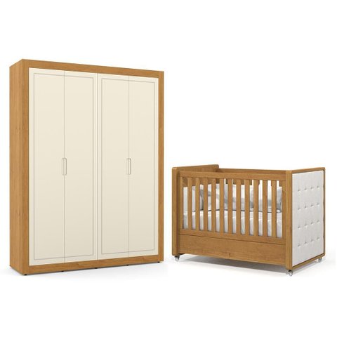 Jogo de Quarto Infantil Tutto New Guarda Roupa 4 Portas e Berço Freijó/off White com Capitonê -