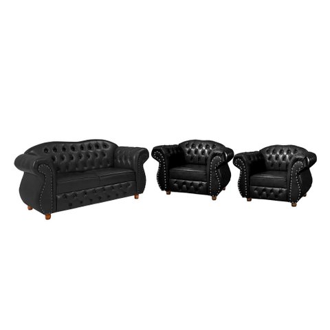 Sofá Chesterfield Merlo 2 lugares 1,80 + 2 Poltronas - Corano Preto/ decoração, recepção, sala tv es