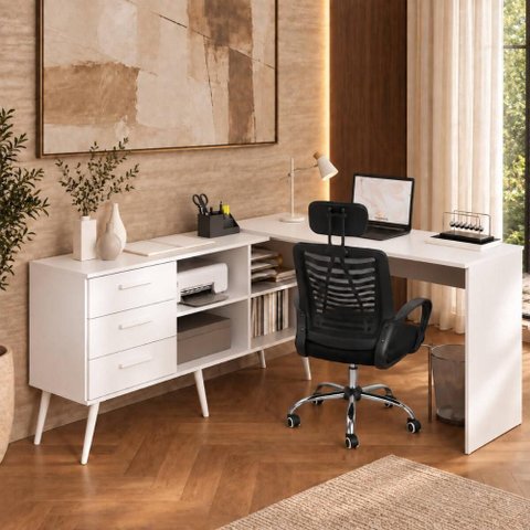 Conjunto Escritório com Mesa em L 3 Gavetas e Cadeira Giratória Multimóveis MCR6115 Branco/Preto