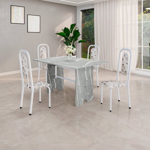 Conjunto de Sala de Jantar 1 Mesa Granito e 4 Cadeiras Lara Branco/Arabesco/Cinza