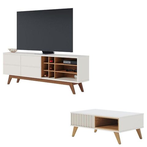 Rack Bancada Noronha Off White Matte Freijó com Mesa de Centro Jeri Off White Freijó - Colibri