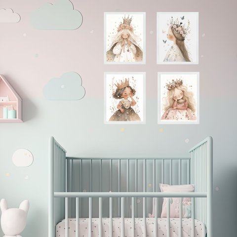 Kit 4 Quadros Infantis Menininhas Princesas 45x34cm:moldura Preta