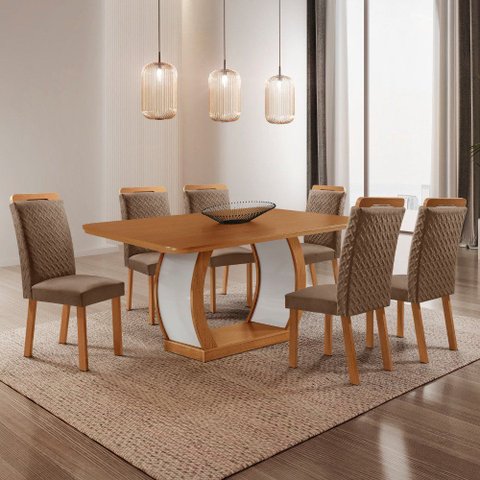 Mesa de Jantar Milena 180 cm Tampo MDF Laminado Canto Copo com 6 Cadeiras Aline