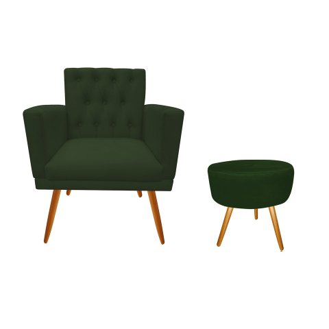 Kit Poltrona Decorativa Nina Capitonê + Puff Redondo Suede Verde Pés Madeira Ms Decor