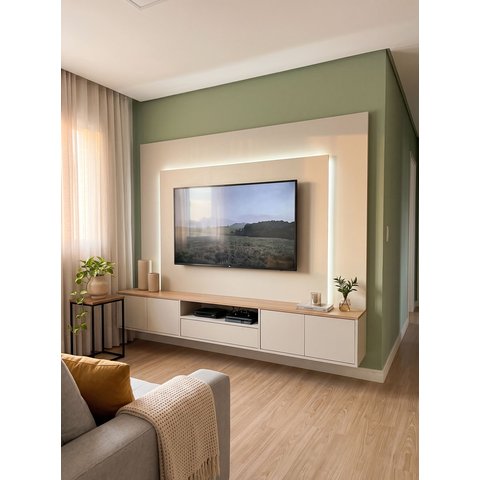 Conjunto Rack Painel Suspenso para TV até 84 Polegadas MDF Gaveta com LED e Passa Cabos 270x165x36cm