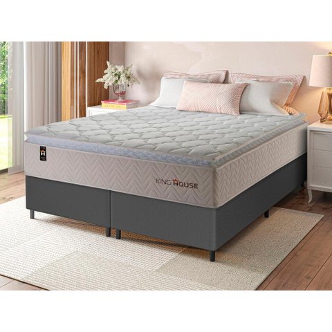 Conjunto Cama Box Queen c/ Molas Ensacadas Roma Cinza 158x198x71