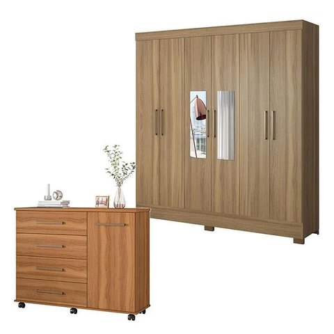 Cômoda Flora e Guarda Roupa Casal Prático Amêndola Touch com Espelho - Demóbile