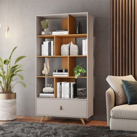 Estante de Livros 91CMX179CM Armário Multiuso 1 Gaveta Giga Office Branco Off White/Cinamomo