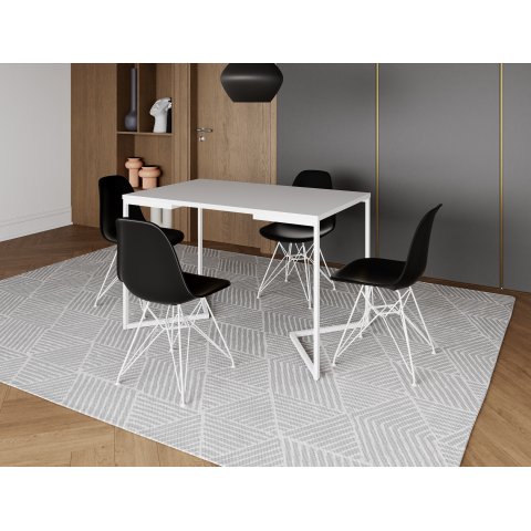 Mesa Industrial Base Ferro Branco em  V  Tampo 137x90 Branco 4 Cadeiras Eames Assento Preto Ferro Br
