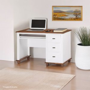 Escrivaninha 3 Gavetas Suporte para Teclado 50605 Linz Moveis - Laca Branca/imbuia Glazer