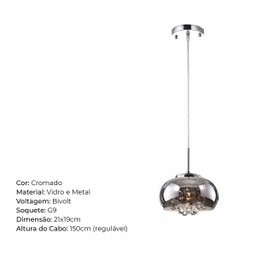 Luminaria Pendente Cromado Cristal Legitimo com Lâmpada Led - 8