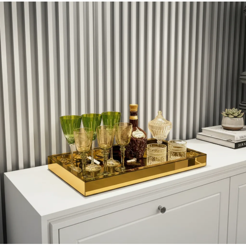 Bandeja Grande Espelhada Dourada Luxo Decoração