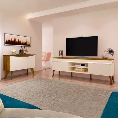 Conjunto Sala de Estar Buffet Oásis e Rack Lumina Bege Off White/Cinamomo