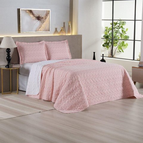 Cobre Leito Dalu Casal Hipercal 200 Fios Bordado 3 Peças 100% Poliéster - Rose com Branco