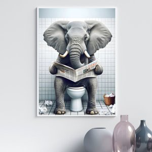 Quadro Divertido Banheiro - Elefante 33x24cm - com Vidro:moldura Preta