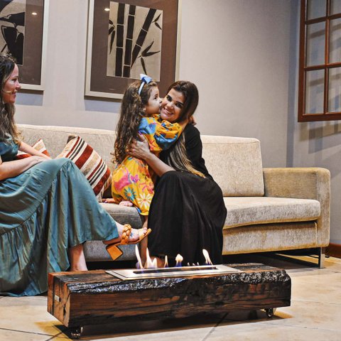 Dormente Rústico Duo 100cm: Lareira Ecológica + Champanheira em Inox Escovado 304