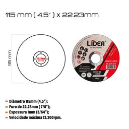 Kit 25 Discos de Corte Fino 1mm Lider 115x22mm 4 1/2 - 3