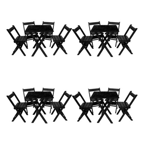Kit 4 Conjuntos Mesa Dobrável para Bar e Restaurante 60x60cm com 4 Cadeiras em Madeira Maciça -