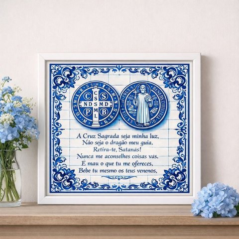 Quadro Medalha São Bento com Oração 33x33 Mold Branca Vidro