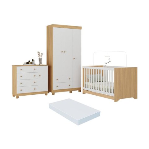 Quarto de Bebê Completo Berço Americano 3 em 1 Colchão Allegra Multimóveis Mp4606 Madeirado/