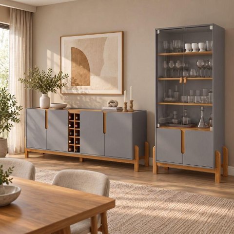 Conjunto Buffet + Cristaleira Lizz Cinza Pérola 190cm Casa D Móveis