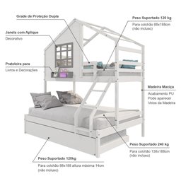 Treliche Casinha com Janela Casal/solteiro Madeira Maciça Branco/ Cinza Housin - 3