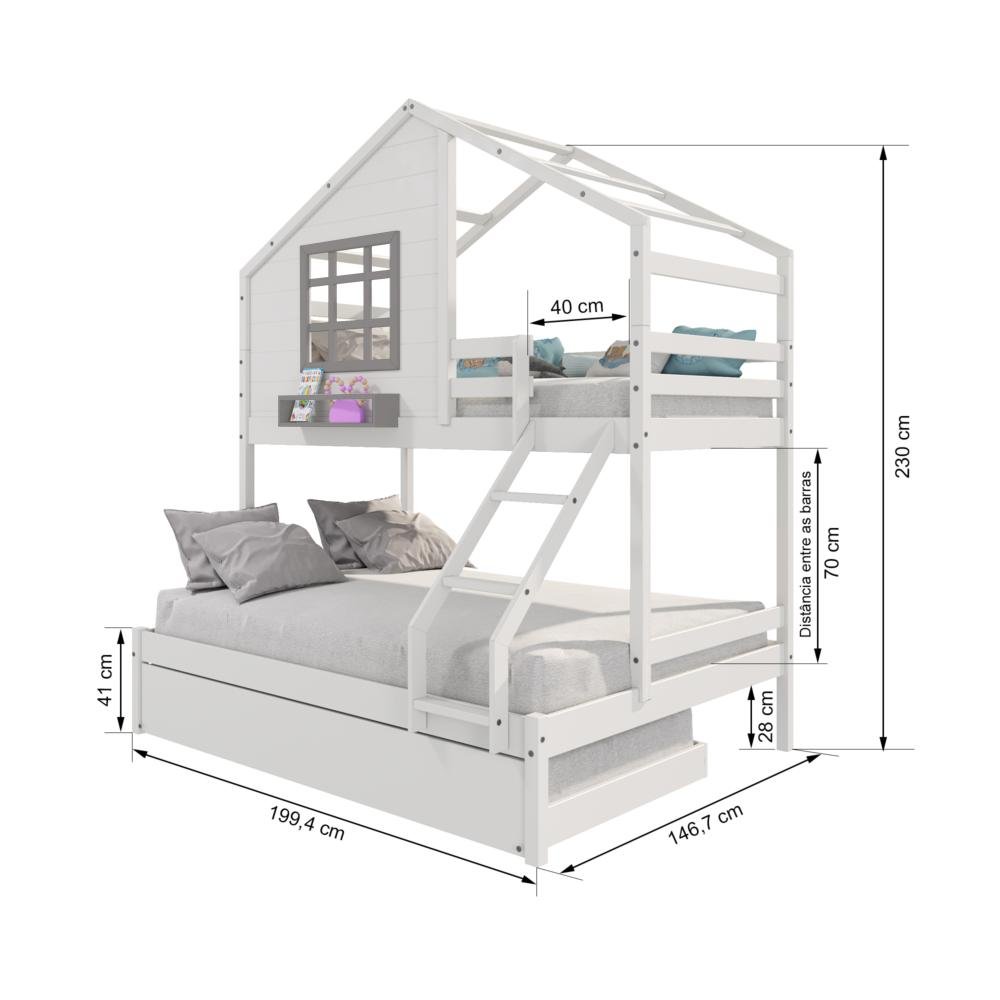 Treliche Casinha com Janela Casal/solteiro Madeira Maciça Branco/ Cinza Housin - 4